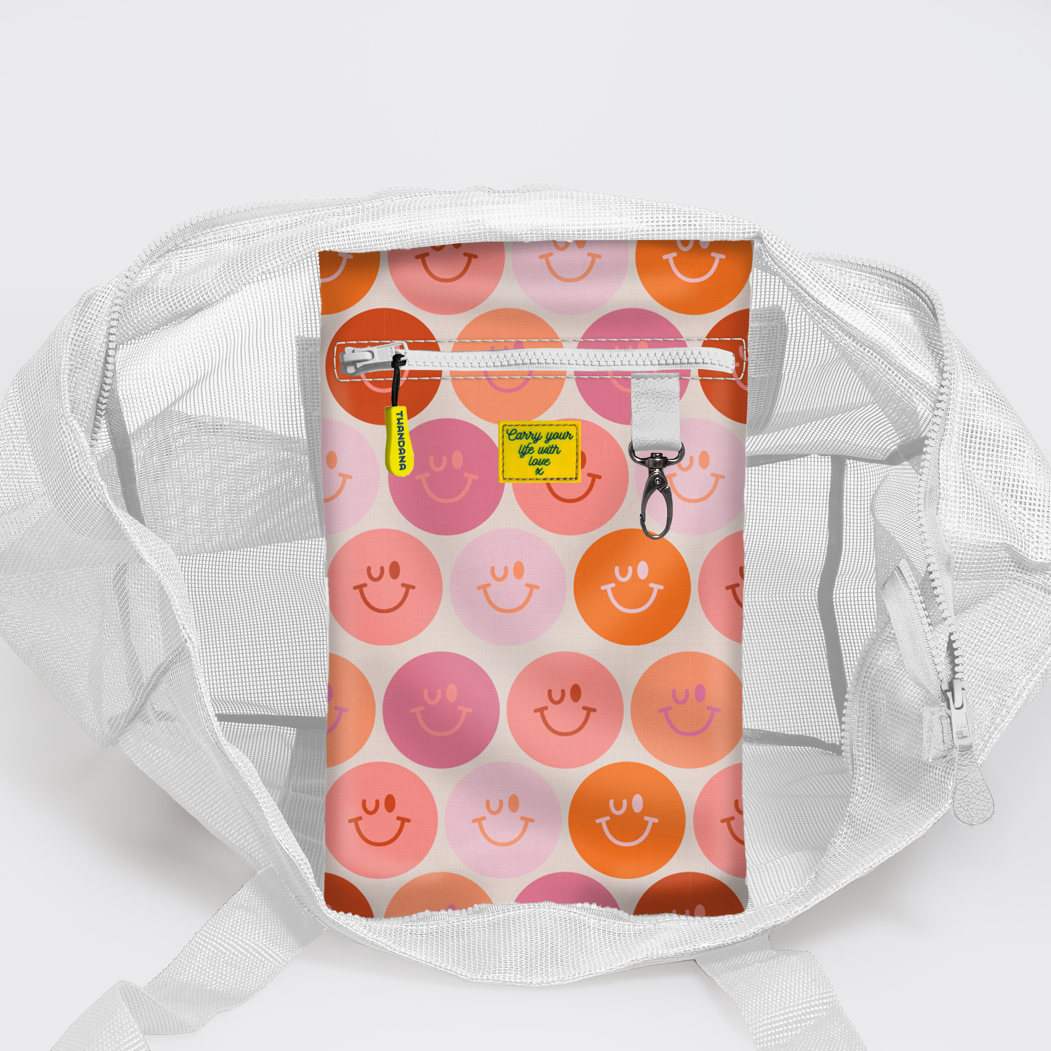 Meshie Jumbo Beach Bag | White Smiley - Blush Utility Shopper Bag by Thandana