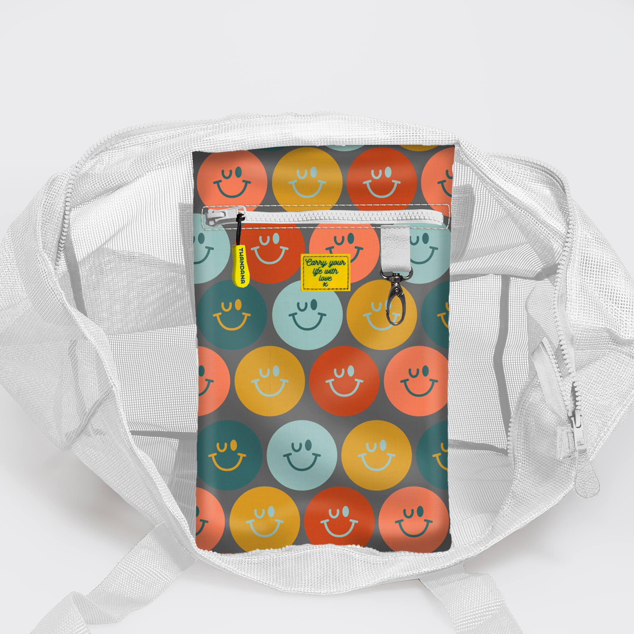 Meshie Jumbo Beach Bag | White Smiley - Jet Utility Shopper Bag by Thandana