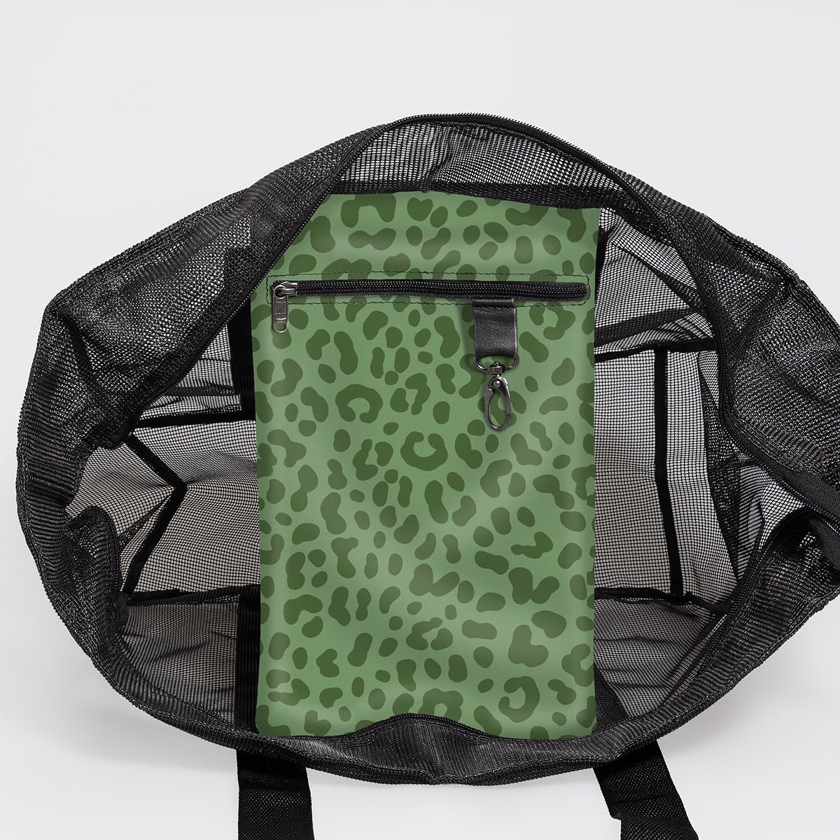Meshie Large Beach Bag | Black Cheetah - Olive Utility Shopper Bag by Thandana
