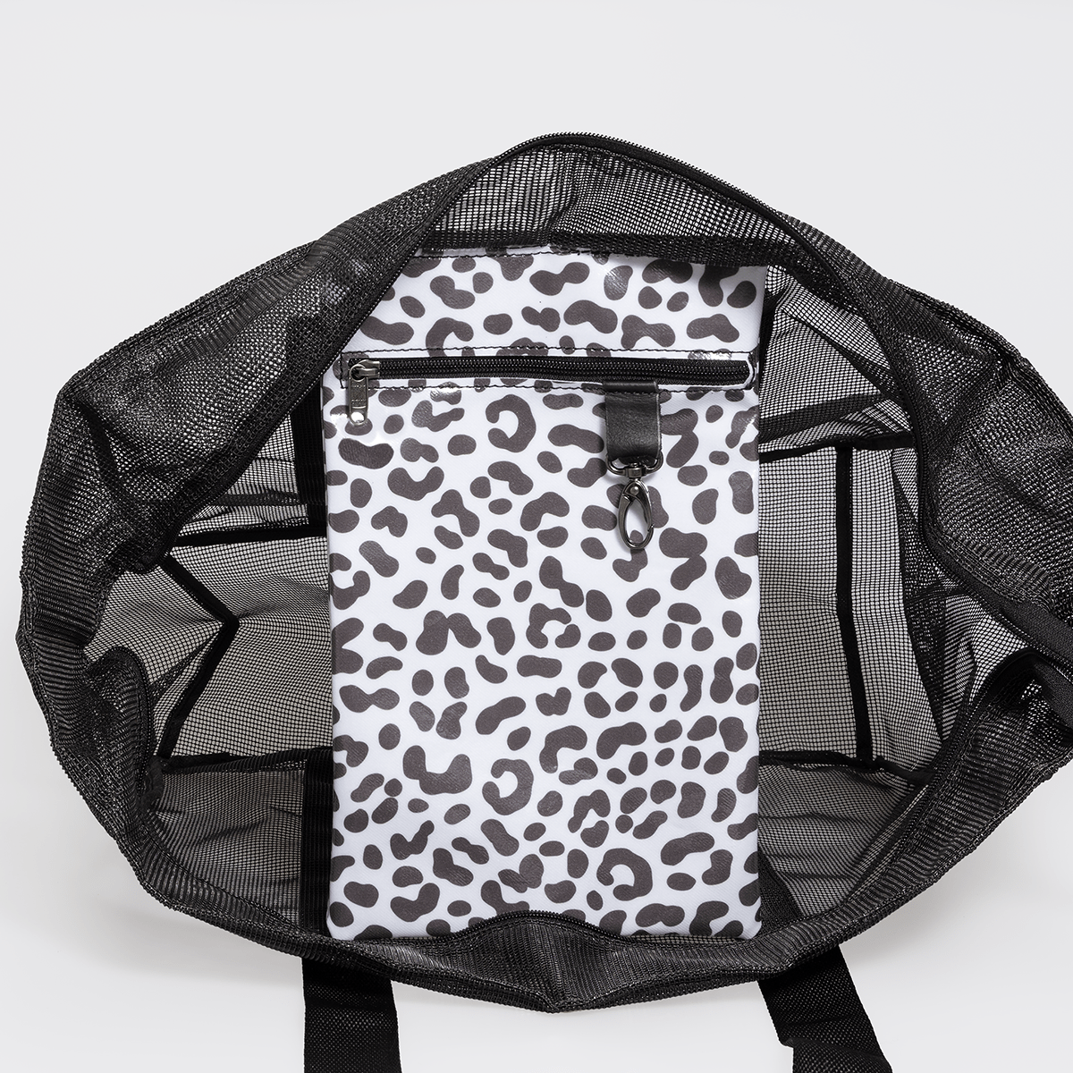 Meshie Large Beach Bag | Black Cheetah - White Utility Shopper Bag by Thandana