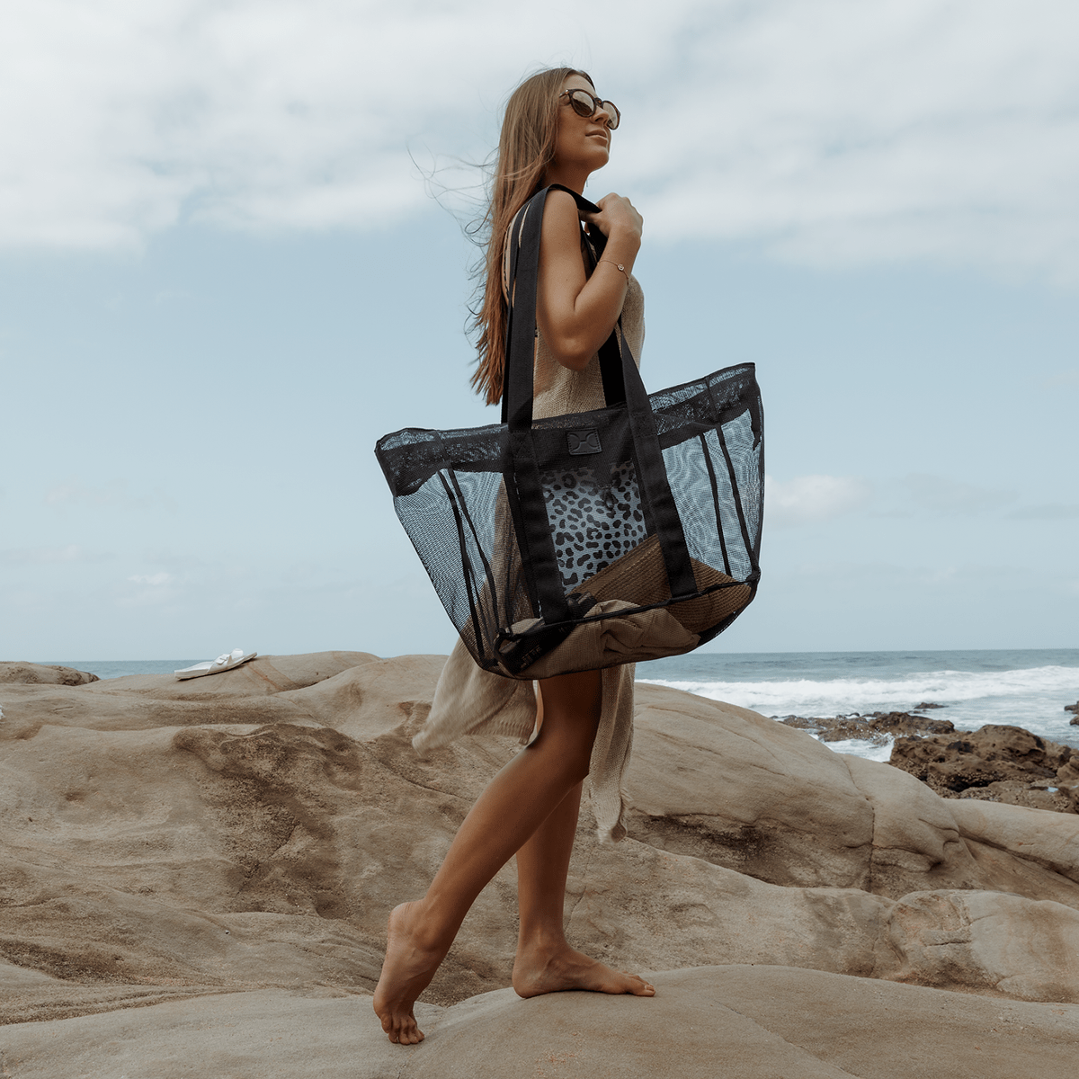 Meshie Large Beach Bag | Black Utility Shopper Bag by Thandana