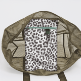 Meshie Large Beach Bag | Olive Cheetah - White Utility Shopper Bag by Thandana