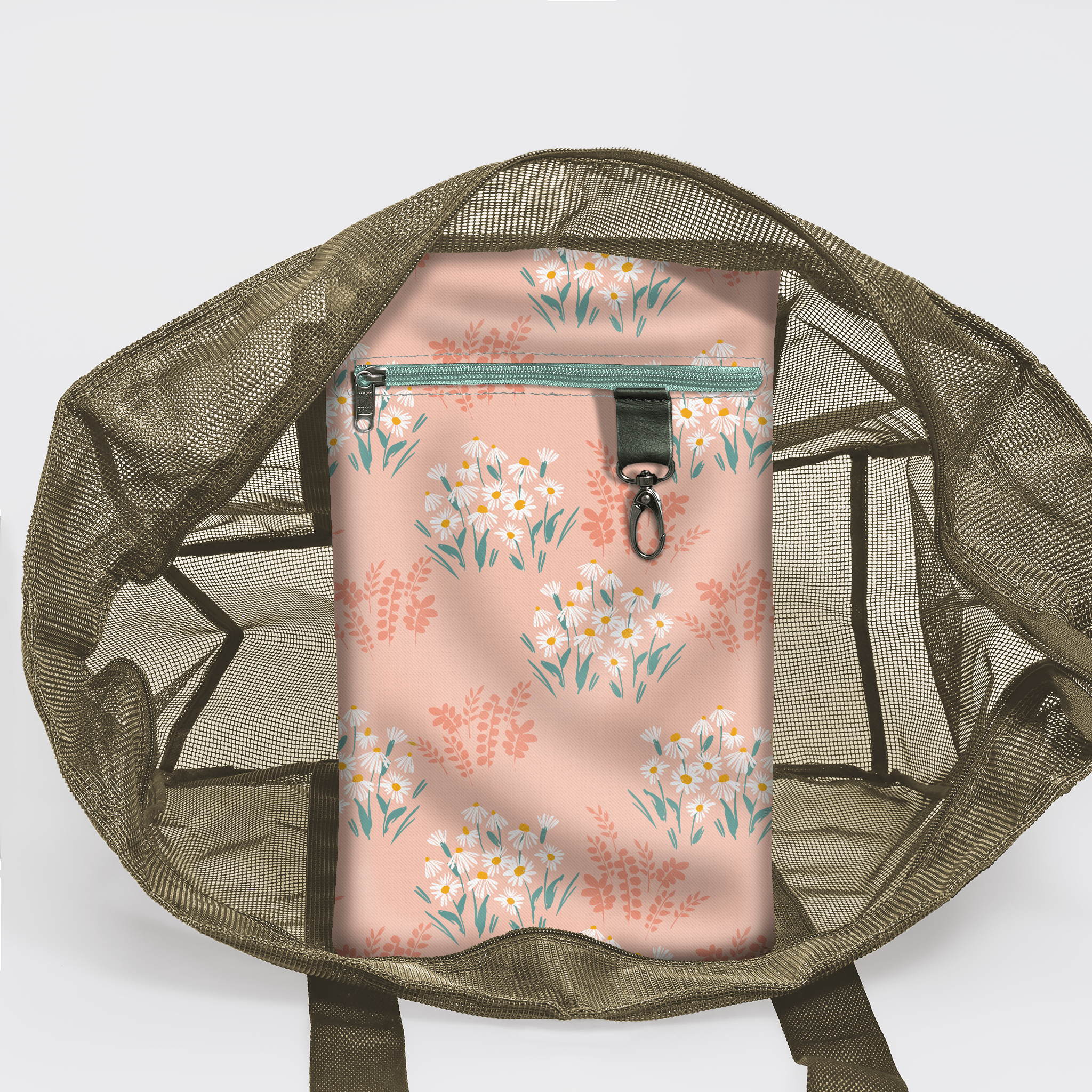 Meshie Large Beach Bag | Olive Crazy Daisy - Blush Utility Shopper Bag by Thandana