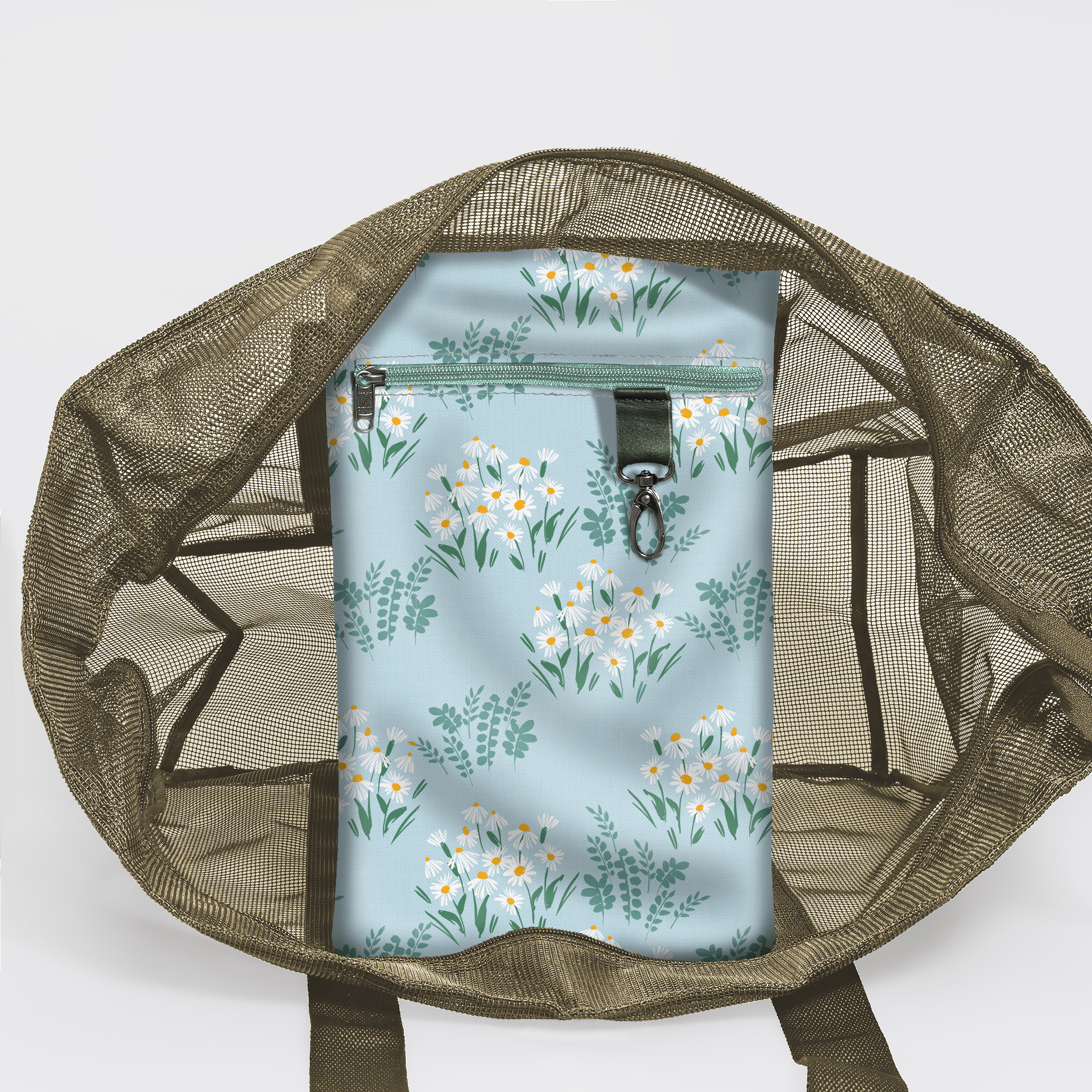 Meshie Large Beach Bag | Olive Crazy Daisy - Sage Utility Shopper Bag by Thandana
