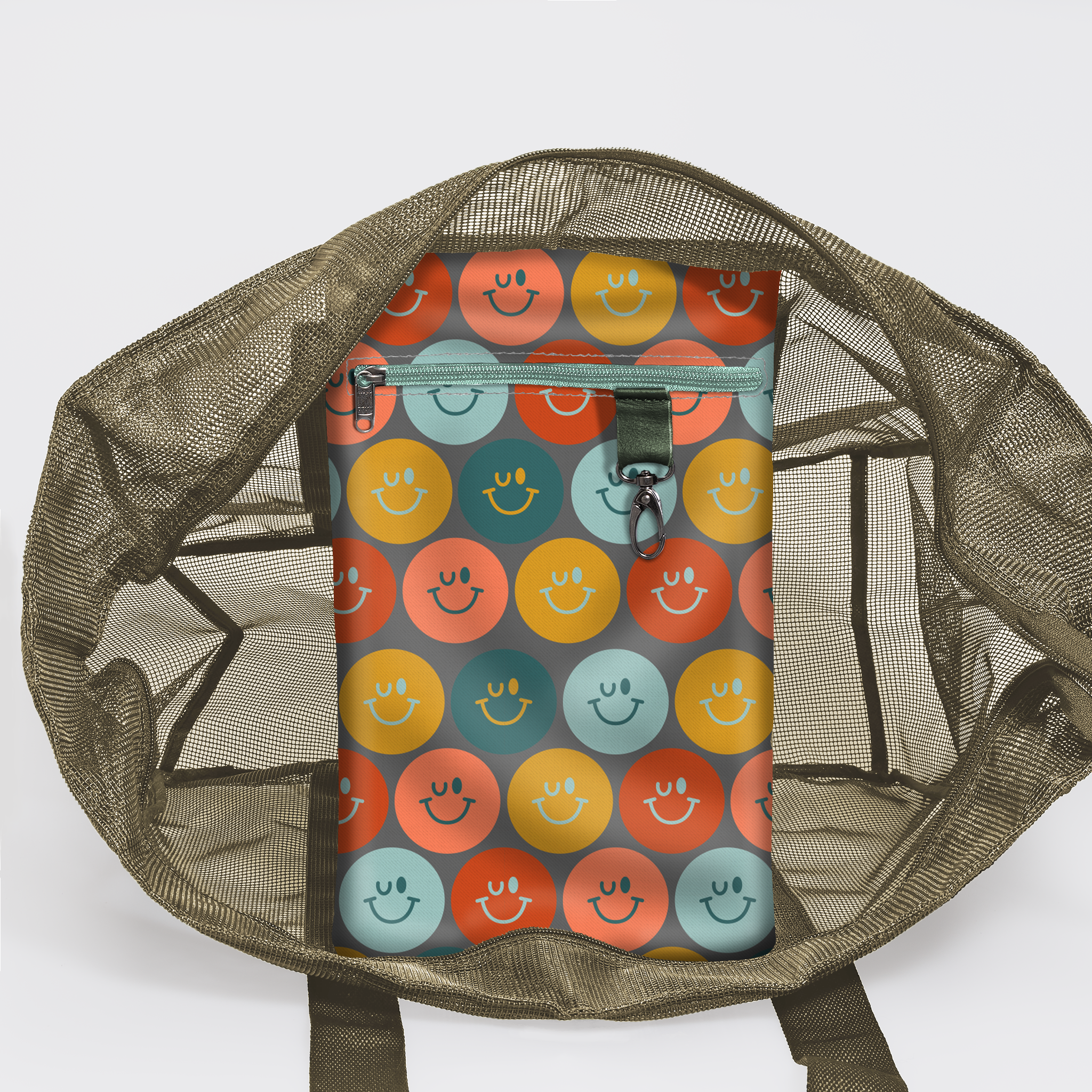 Meshie Large Beach Bag | Olive Smiley - Jet Utility Shopper Bag by Thandana