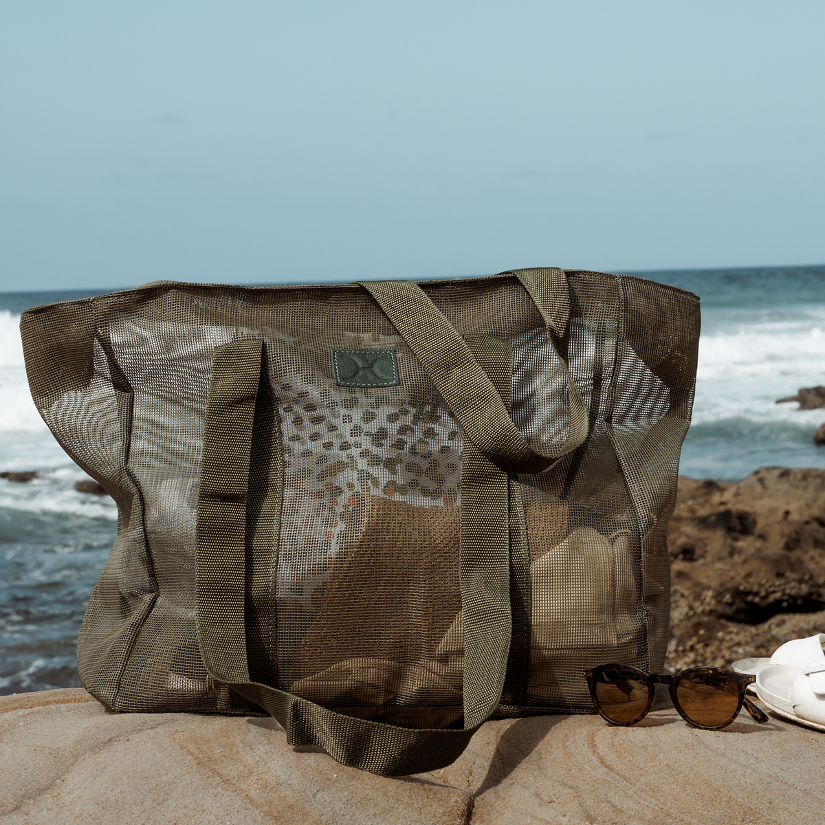 Meshie Large Beach Bag | Olive Utility Shopper Bag by Thandana