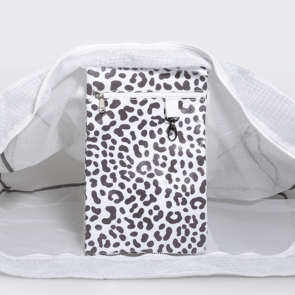 Meshie Large Beach Bag | White Cheetah - White Utility Shopper Bag by Thandana