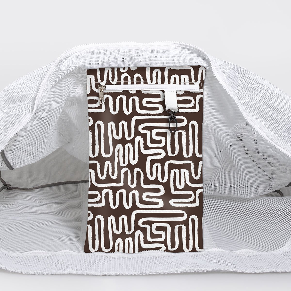 Meshie Large Beach Bag | White Geo - Black Utility Shopper Bag by Thandana