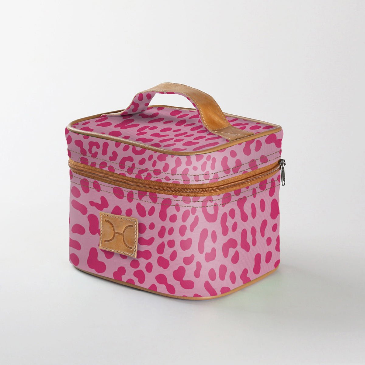 Mini decker cooler bag | laminated fabric with genuine leather - cheetah - pink / chunky zip - mini double decker cooler