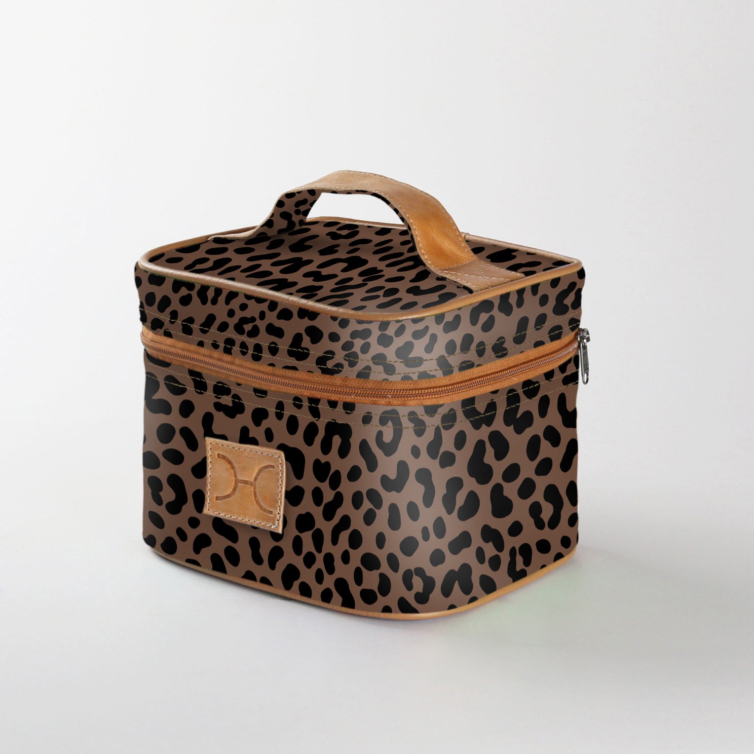 Mini decker cooler bag | laminated fabric with genuine leather - cheetah - coffee / chunky zip (new) - mini double