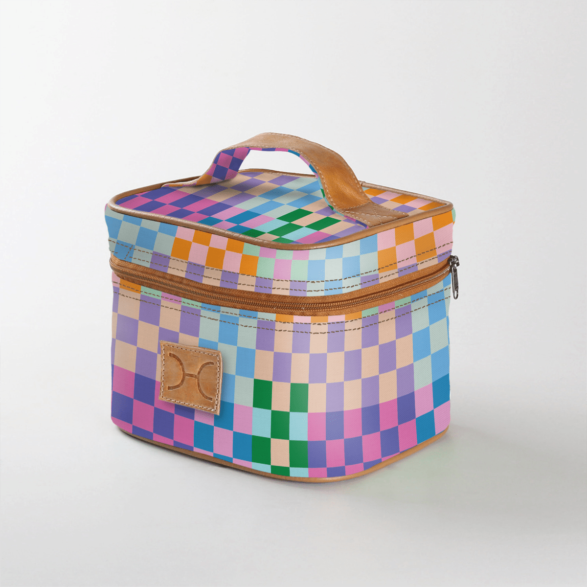 Mini decker cooler bag | laminated fabric with genuine leather - checker - preppy / chunky zip - mini double decker
