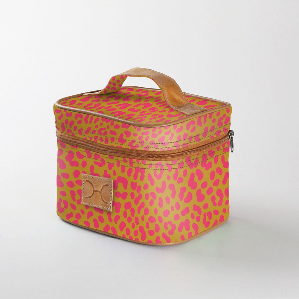 Mini decker cooler bag | laminated fabric with genuine leather - cheetah - preppy / chunky zip - mini double decker
