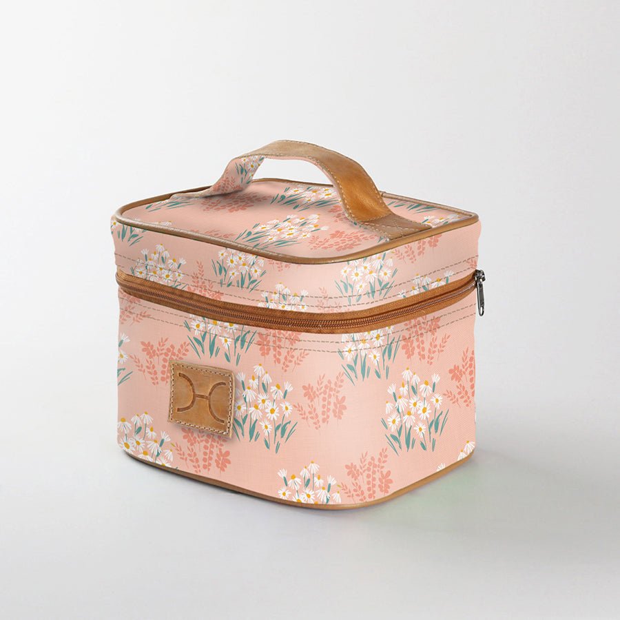 Mini decker cooler bag | laminated fabric with genuine leather - crazy daisy - blush / chunky zip - mini double decker