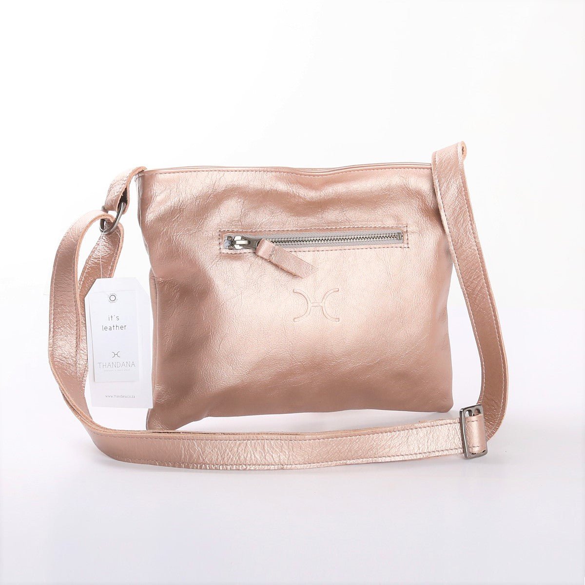 Mini Messenger Handbag | Genuine Leather Rose Gold Leather / Gunmetal (default) Handbag by Thandana