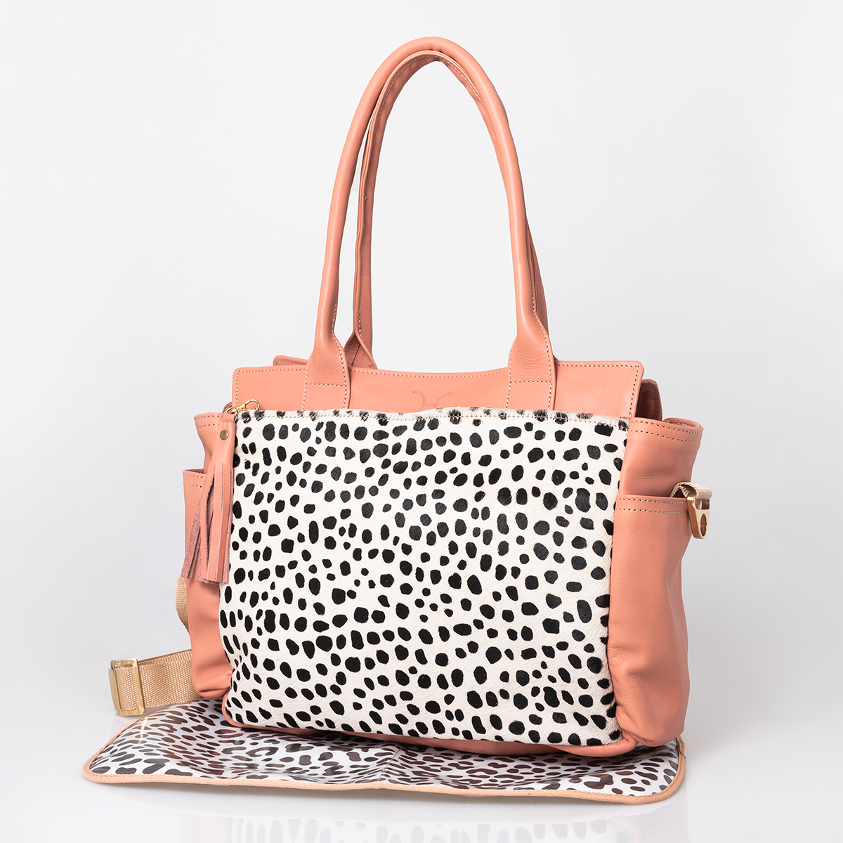 Noa Baby Changing Bag | Print Faux Fur Genuine Leather Coral with Cheetah White / Gunmetal (default) Nappy Bag
