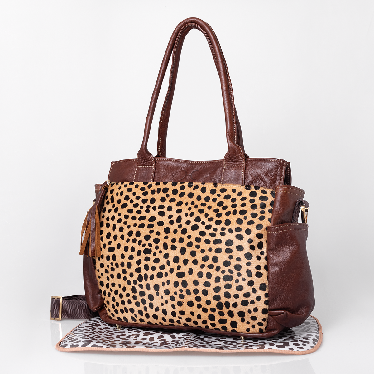 Noa Baby Changing Bag | Print Faux Fur Genuine Leather Tobac with Cheetah Beige / Gunmetal (default) Nappy Bag