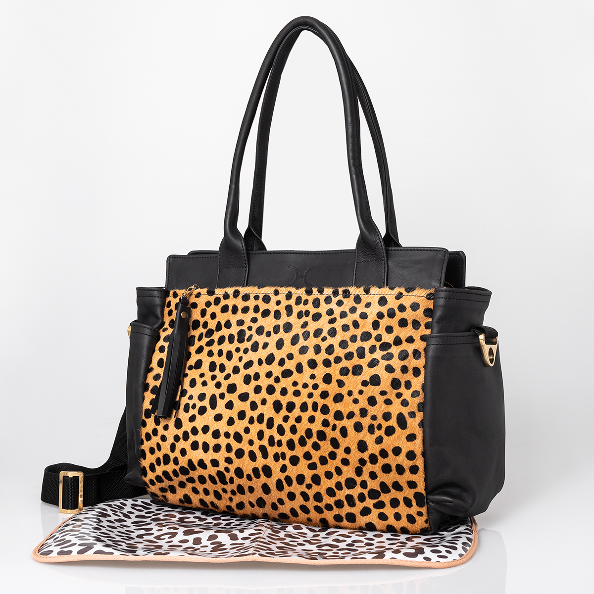 Noa Handbag | Print Faux Fur Genuine Leather Black with Cheetah Beige / Gunmetal (default) Nappy Bag by Thandana