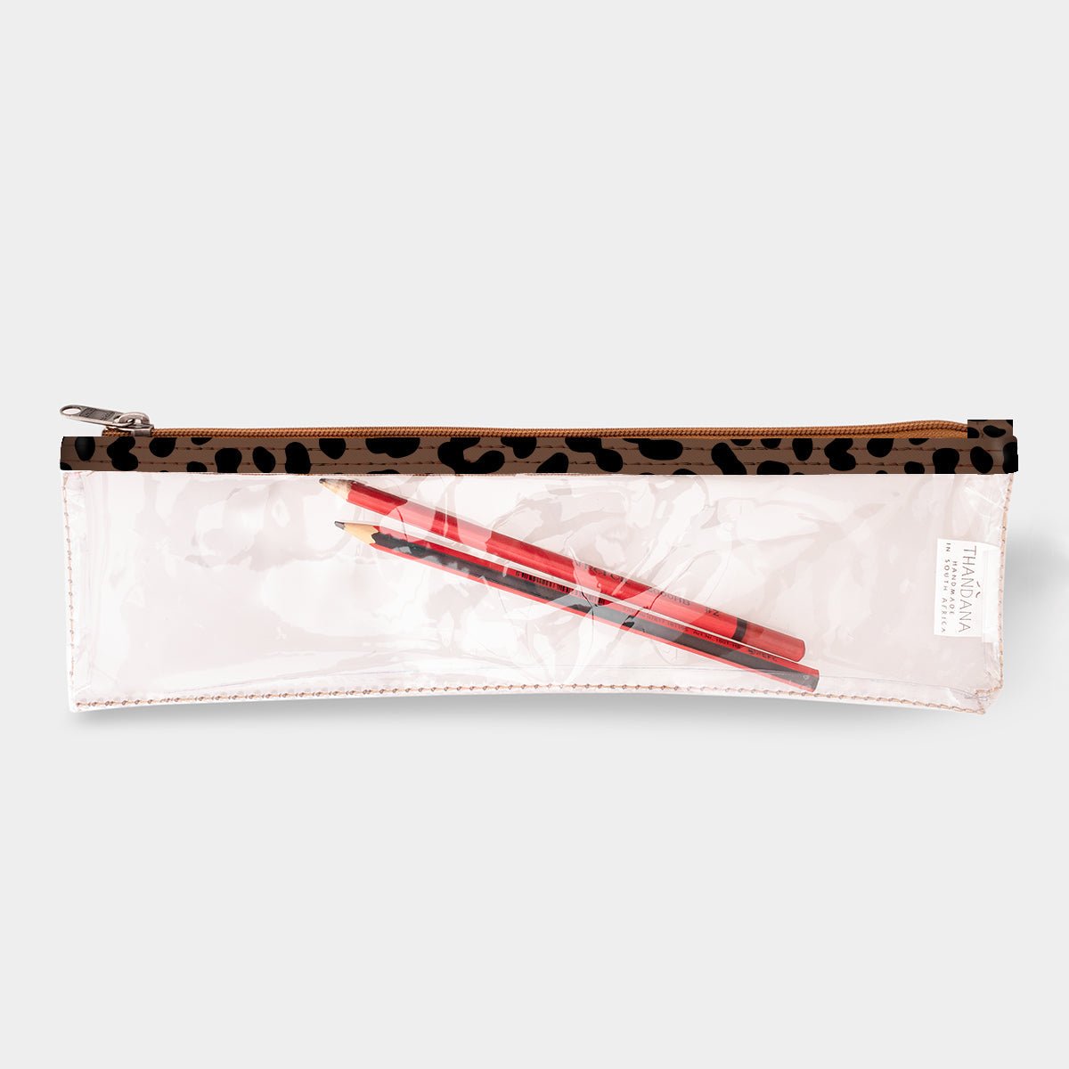 Pencil Case Clear | Laminated Fabric Cheetah - Coffee / Chunky Zip Pencil Case by Thandana