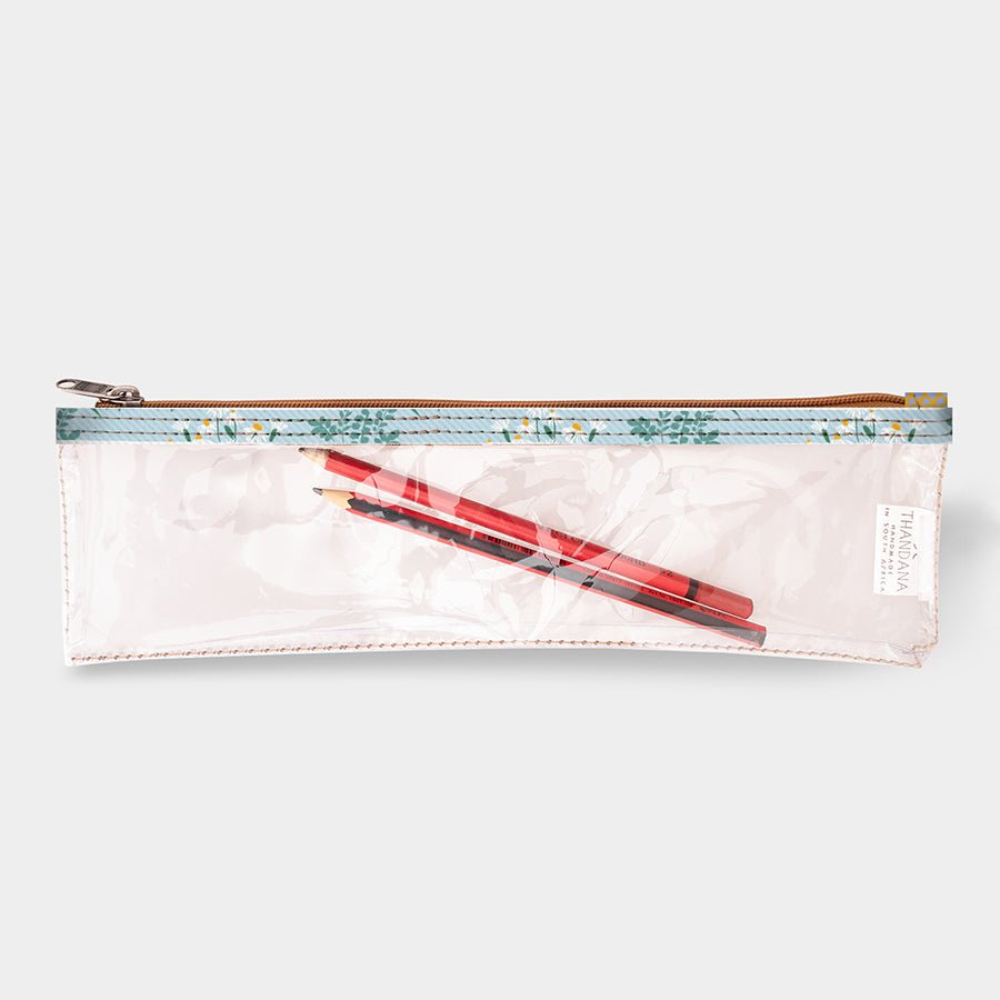Pencil Case Clear | Laminated Fabric Crazy Daisy - Sage / Chunky Zip Pencil Case by Thandana