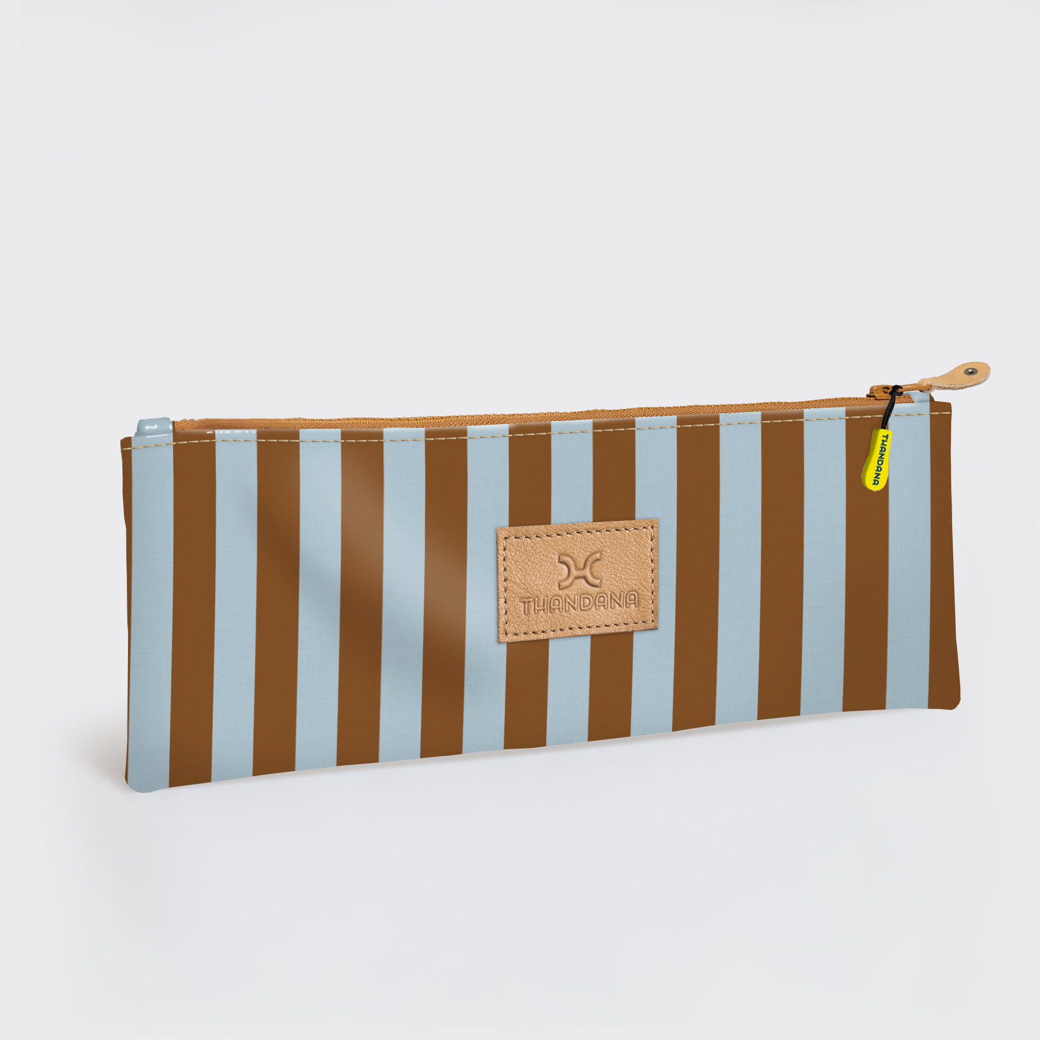 Pencil Case Triple Zip | Laminated Fabric Coastal Stripe - Blue / Chunky Zip Pencil Case by Thandana