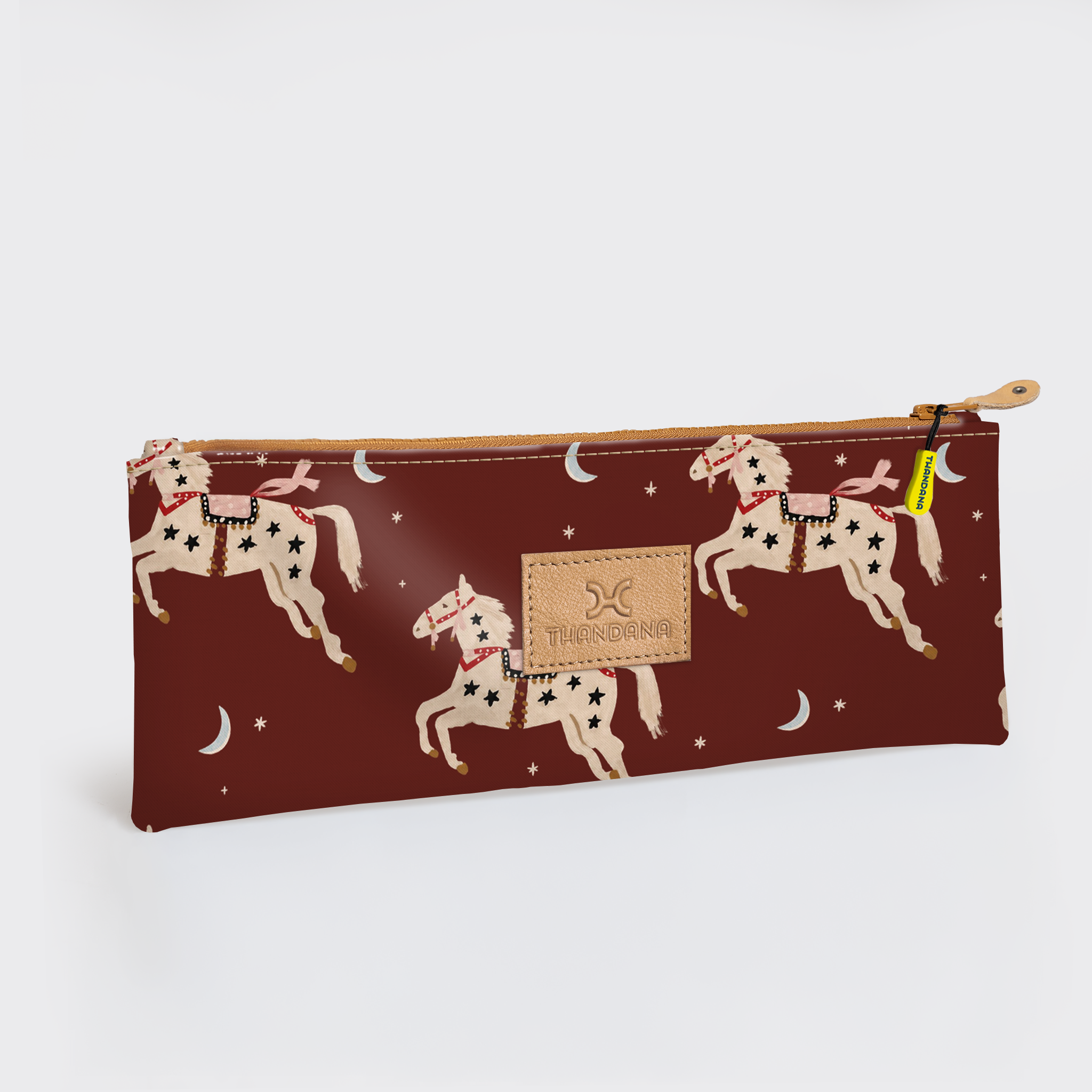 Pencil Case Triple Zip | Laminated Fabric Midnight Pony - Cherry / Chunky Zip Pencil Case by Thandana