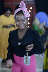 Pink patterned headwrap with a bow