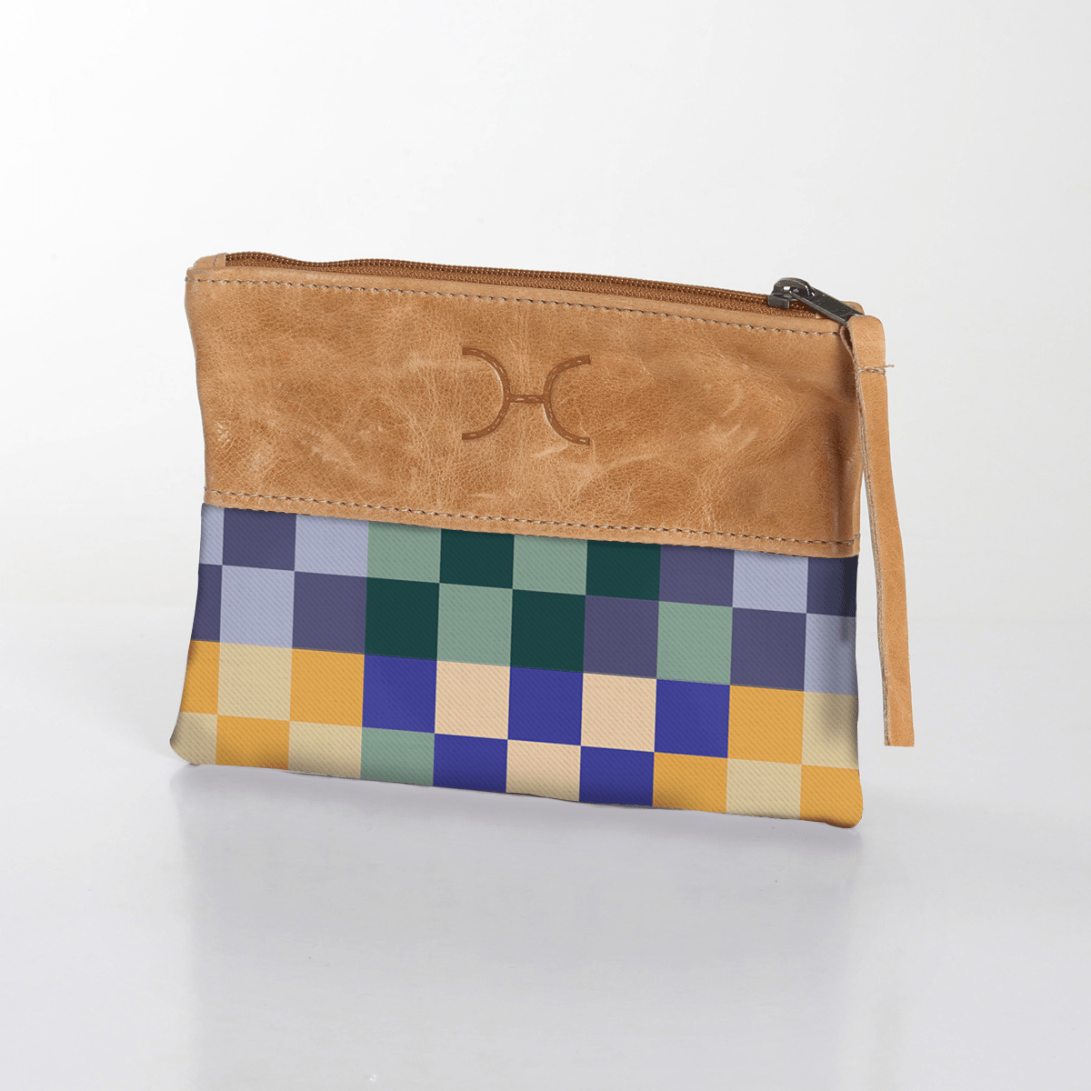 Pouch | Laminated Fabric with Genuine Leather Checker - Jet / Chunky Zip Makeup Fabric Bag by Thandana