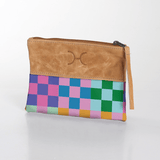 Pouch | Laminated Fabric with Genuine Leather Checker - Preppy / Chunky Zip Makeup Fabric Bag by Thandana