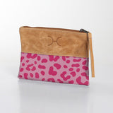Pouch | Laminated Fabric with Genuine Leather Cheetah - Pink / Chunky Zip Makeup Fabric Bag by Thandana