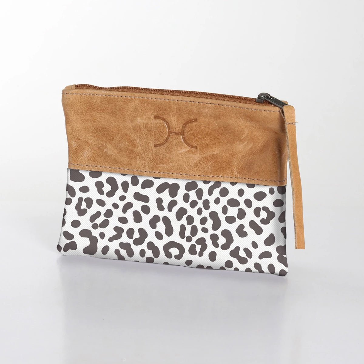 Pouch | Laminated Fabric with Genuine Leather Cheetah - White / Chunky Zip Makeup Fabric Bag by Thandana