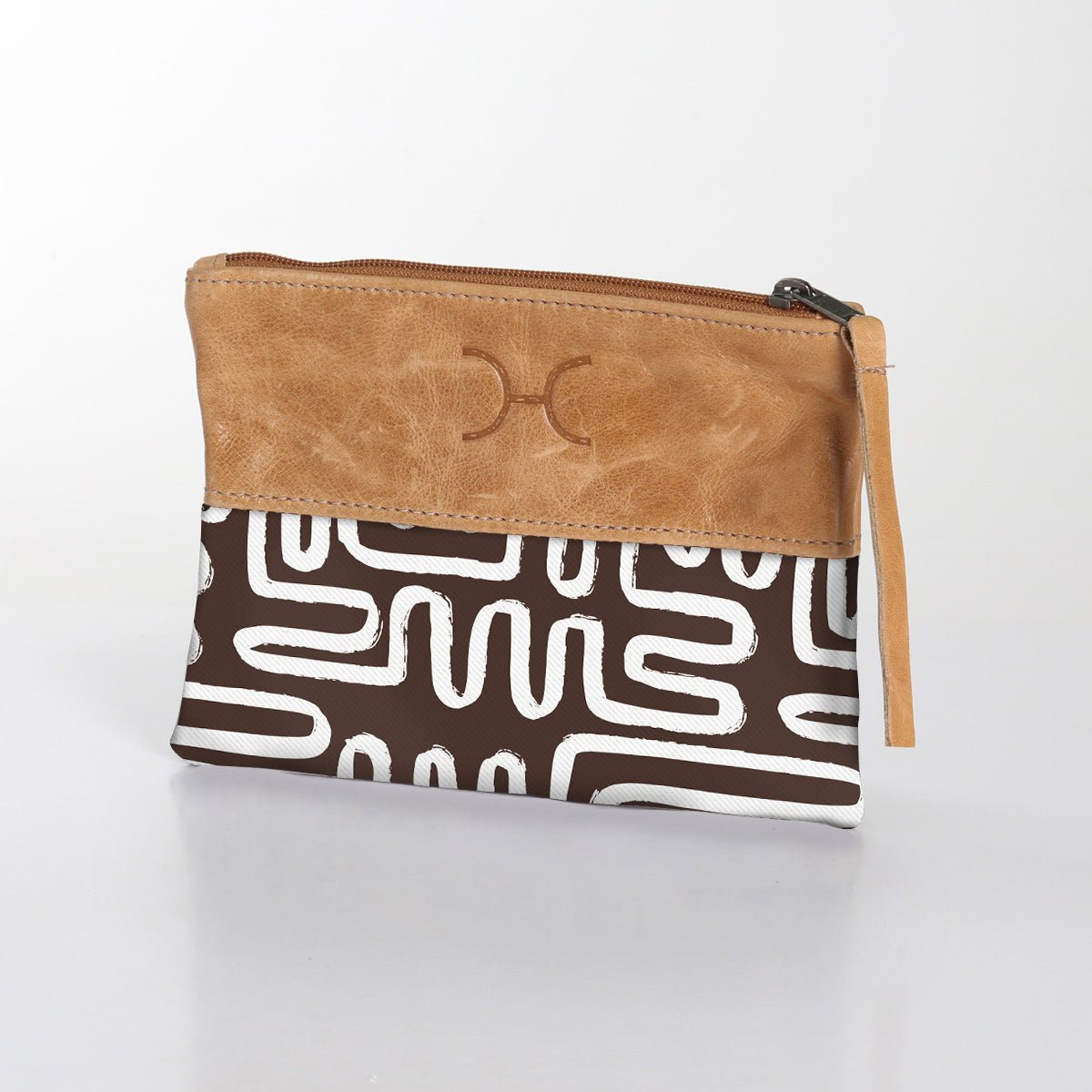 Pouch | Laminated Fabric with Genuine Leather Geo - Black / Chunky Zip Makeup Fabric Bag by Thandana