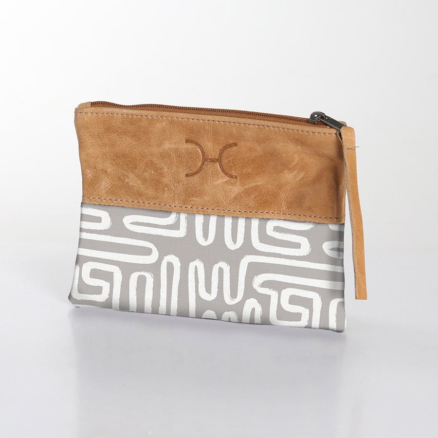 Pouch | Laminated Fabric with Genuine Leather Geo - Moonstruck / Chunky Zip Makeup Fabric Bag by Thandana