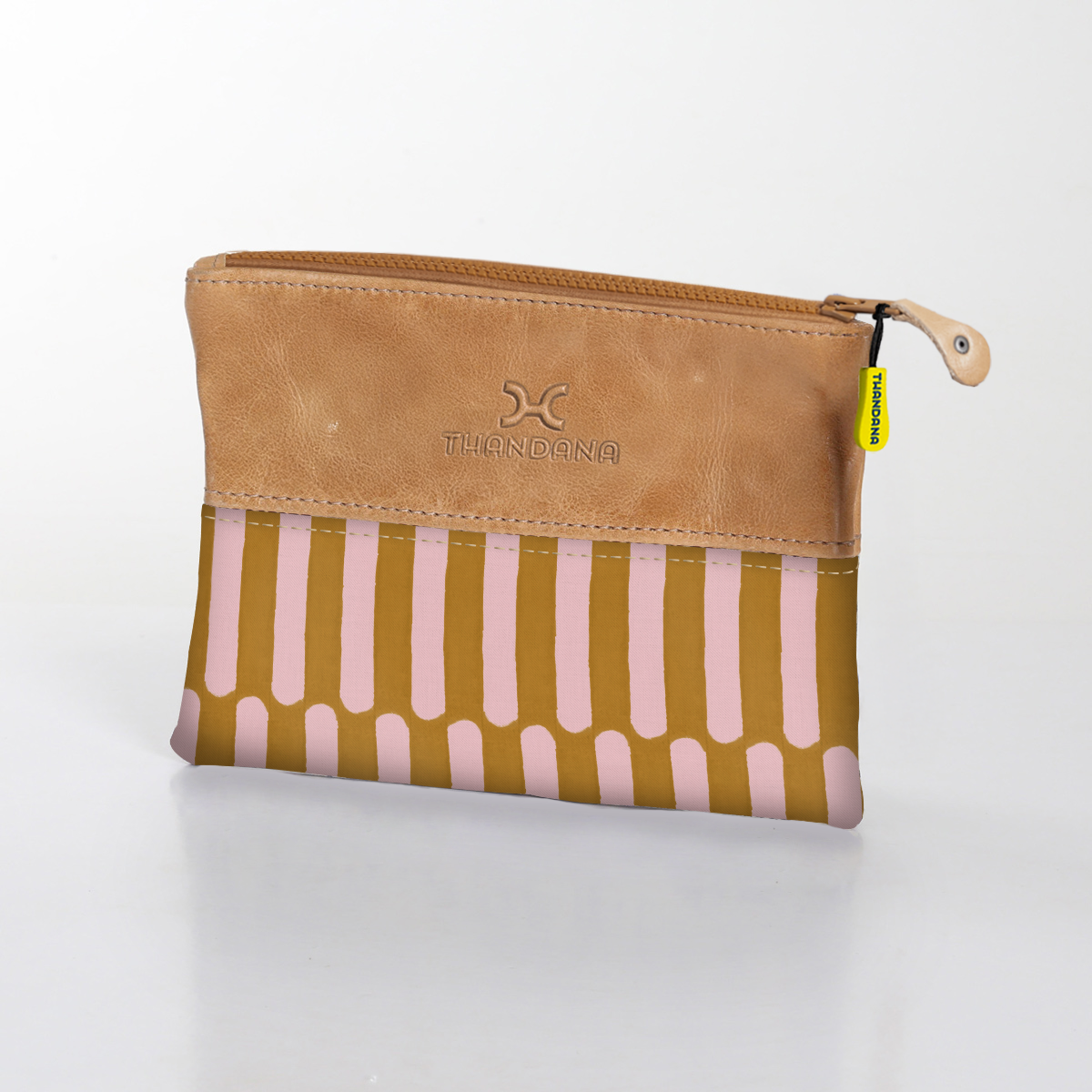 Pouch | Laminated Fabric with Genuine Leather Indie - Sunset / Chunky Zip Makeup Fabric Bag by Thandana