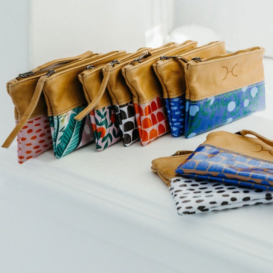 Pouch | Laminated Fabric with Genuine Leather Makeup Fabric Bag by Thandana