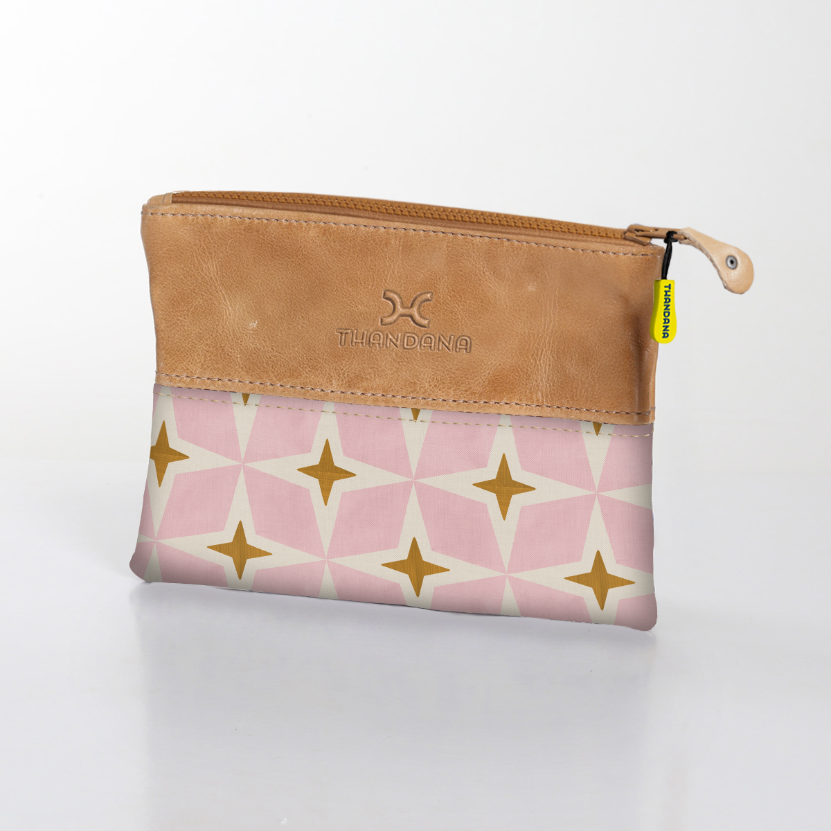 Pouch | Laminated Fabric with Genuine Leather Nova - Blush / Chunky Zip Makeup Fabric Bag by Thandana