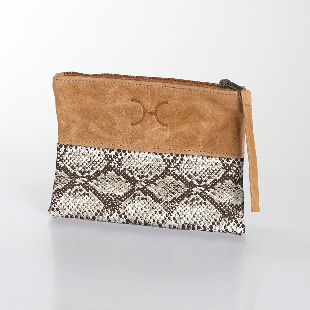 Pouch | Laminated Fabric with Genuine Leather Python - Moody / Chunky Zip Makeup Fabric Bag by Thandana