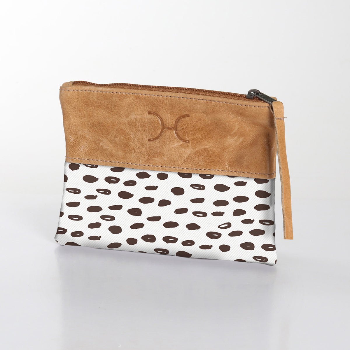 Pouch | Laminated Fabric with Genuine Leather Seeds - White / Chunky Zip Makeup Fabric Bag by Thandana