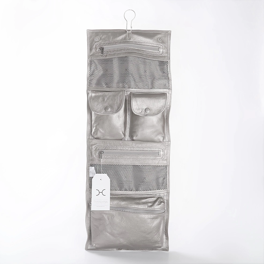 Roll Up Toiletry | Genuine Leather | Corporate Silver Leather Toiletry Bag by Thandana