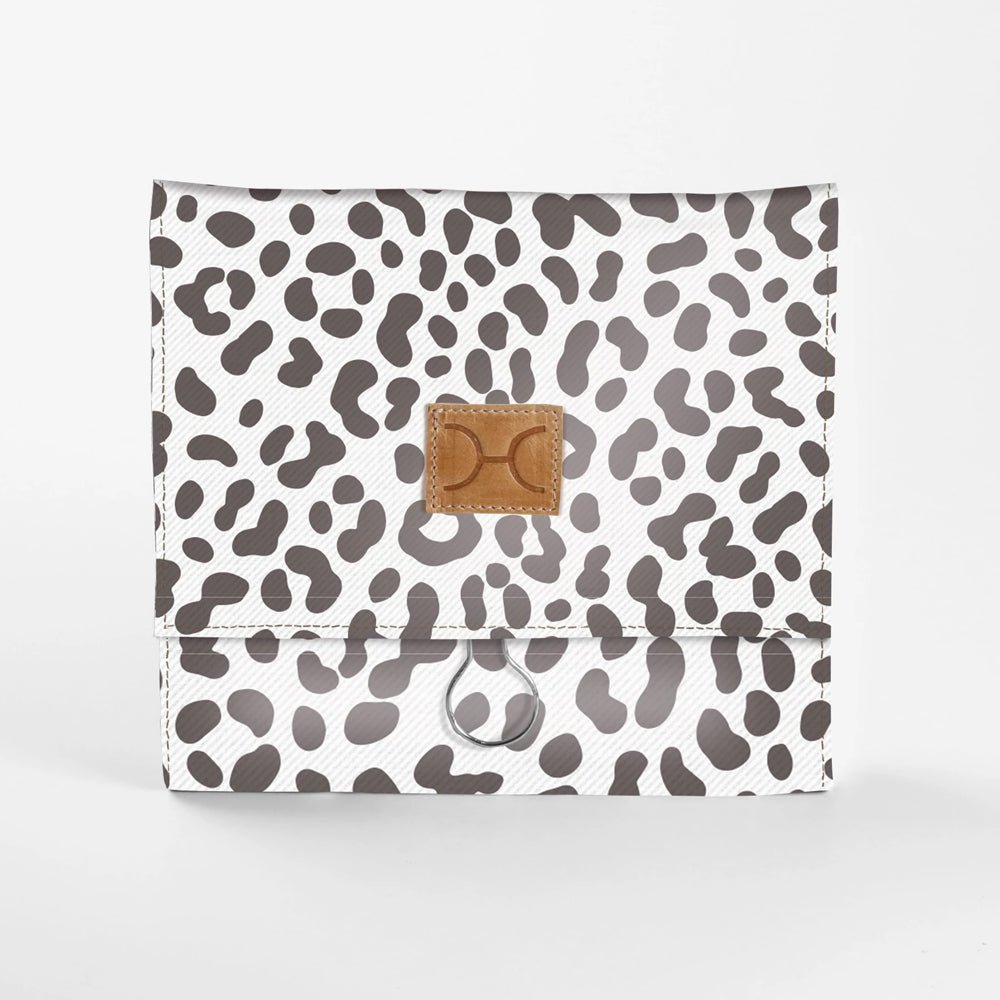 Roll Up Toiletry | Laminated Fabric with Genuine Leather Cheetah - White / Chunky Zip Roll Up Toiletry Fabric
