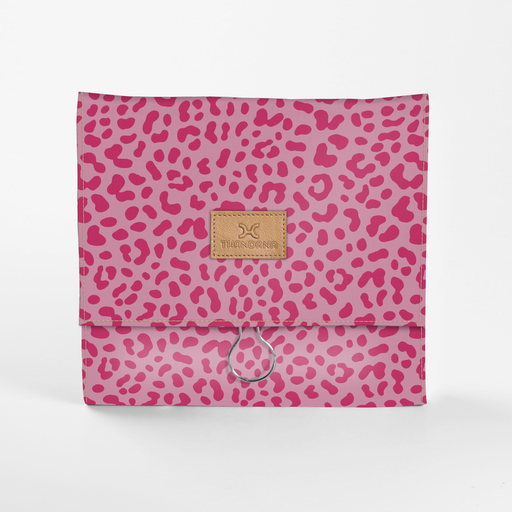 Roll Up Toiletry | Laminated Fabric with Genuine Leather Cheetah - Pink / Chunky Zip Roll Up Toiletry Fabric by Thandana