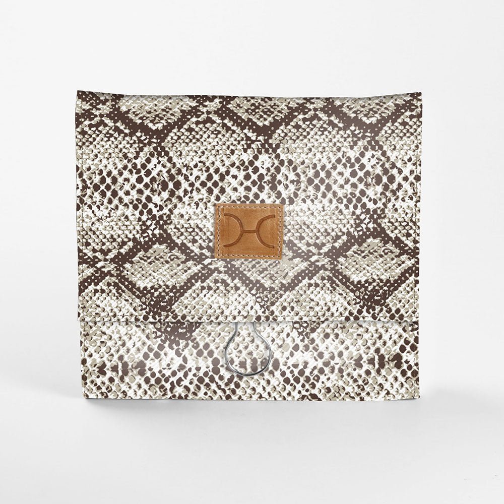 Roll Up Toiletry | Laminated Fabric with Genuine Leather Python - Moody / Chunky Zip Roll Up Toiletry Fabric by Thandana