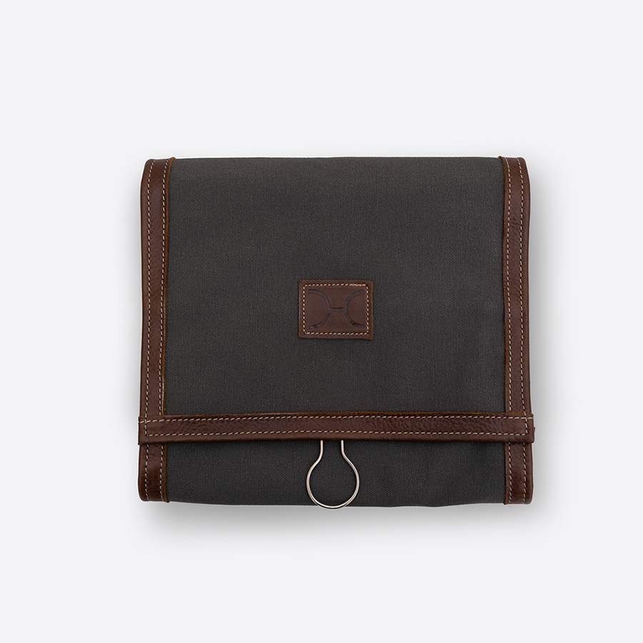Roll Up Toiletry | Wax Canvas with Genuine Leather | Corporate Charcoal Canvas with Tobac Leather / Gunmetal (default)