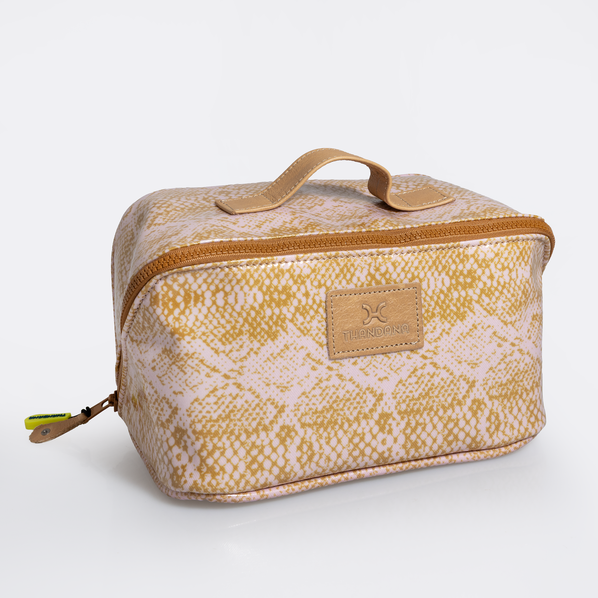 Side Mouth Maxi Vanity Bag | Laminated Fabric with Genuine Leather Python - Bloom Side Mouth Vanity Fabric by Thandana