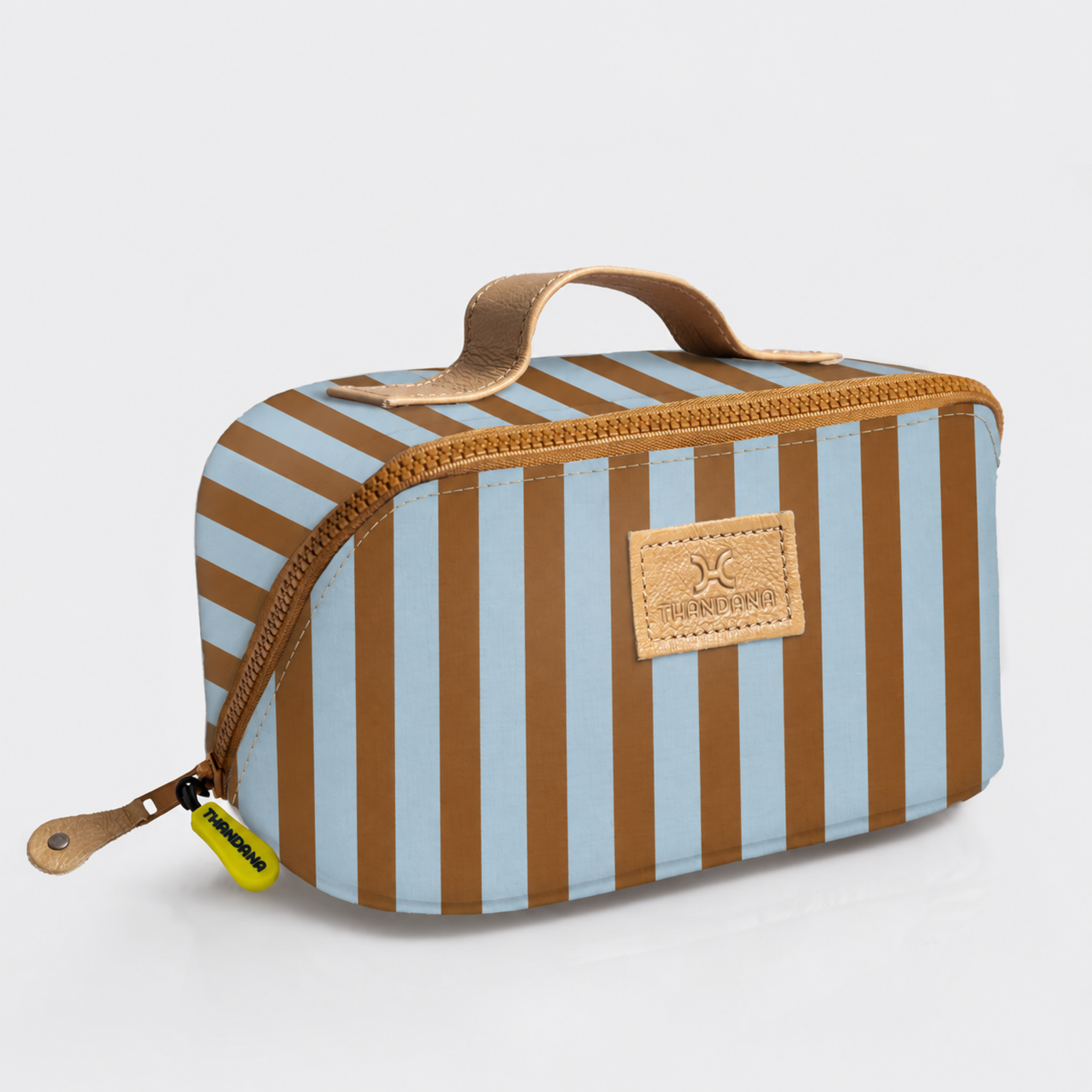 Side Mouth Maxi Vanity Bag | Laminated Fabric with Genuine Leather Coastal Stripe - Blue Side Mouth Vanity Fabric
