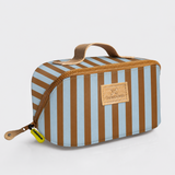 Side Mouth Maxi Vanity Bag | Laminated Fabric with Genuine Leather Coastal Stripe - Blue Side Mouth Vanity Fabric