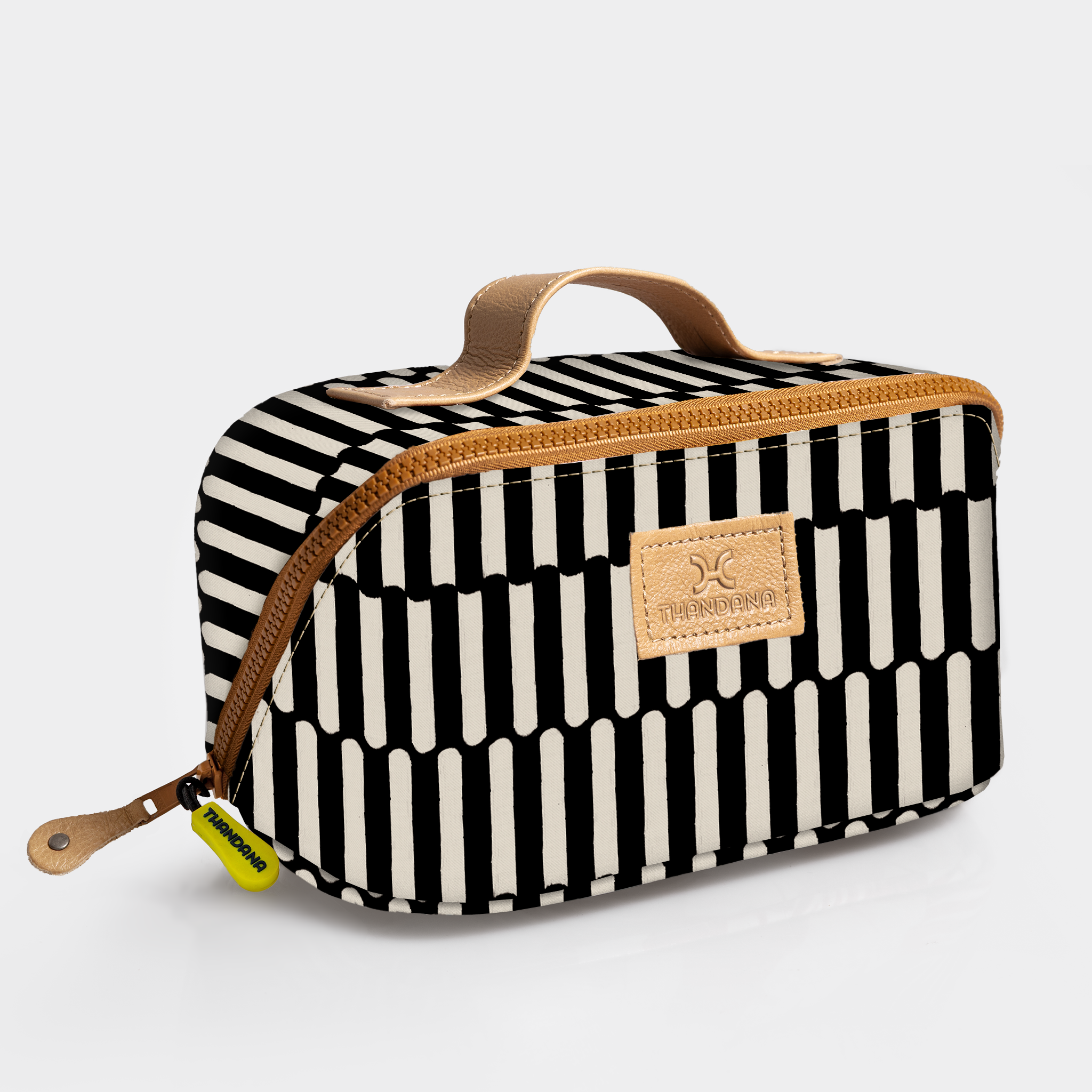 Side Mouth Maxi Vanity Bag | Laminated Fabric with Genuine Leather Indie - Pitch Side Mouth Vanity Fabric by Thandana