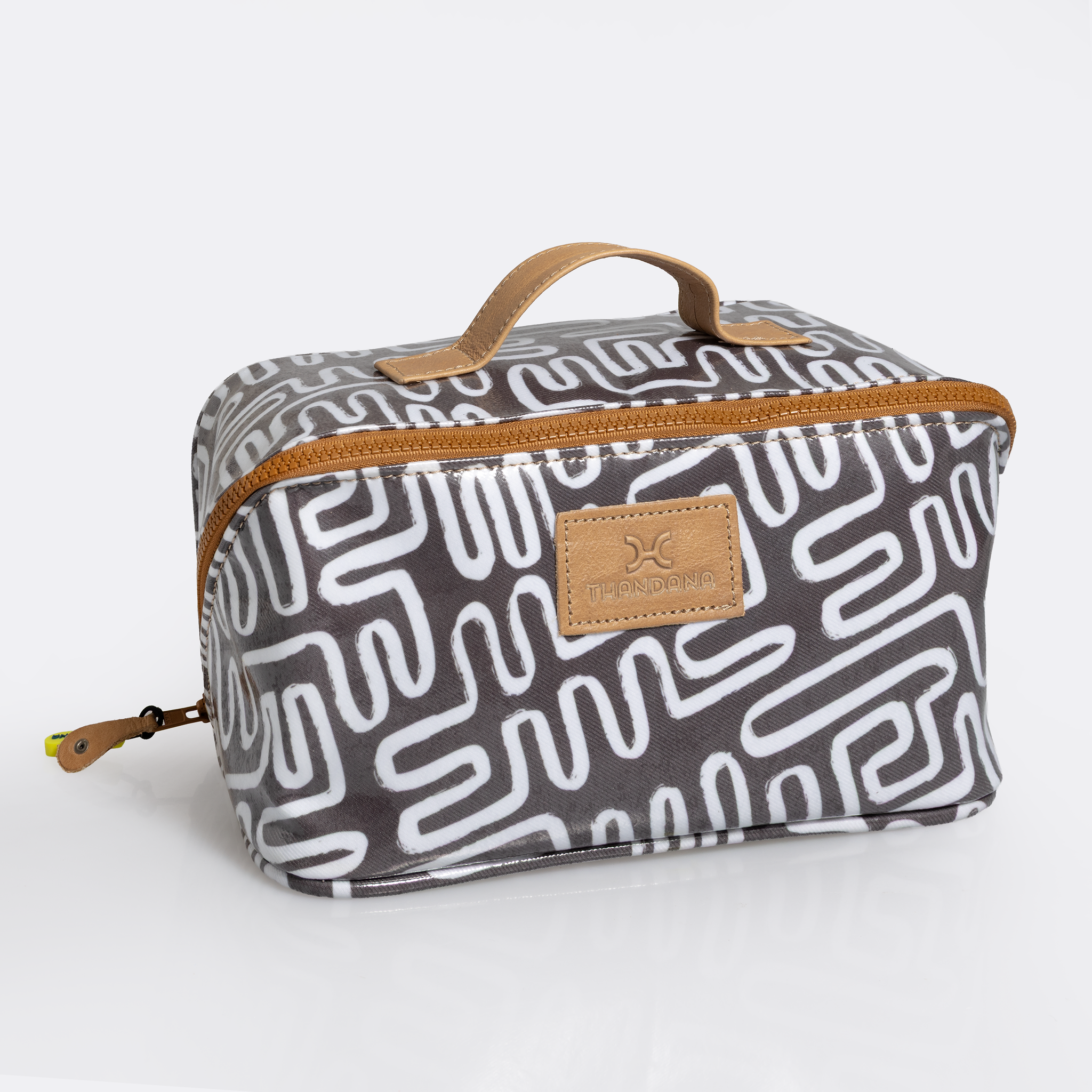 Side Mouth Maxi Vanity Bag | Laminated Fabric with Genuine Leather Geo - Black Side Mouth Vanity Fabric by Thandana