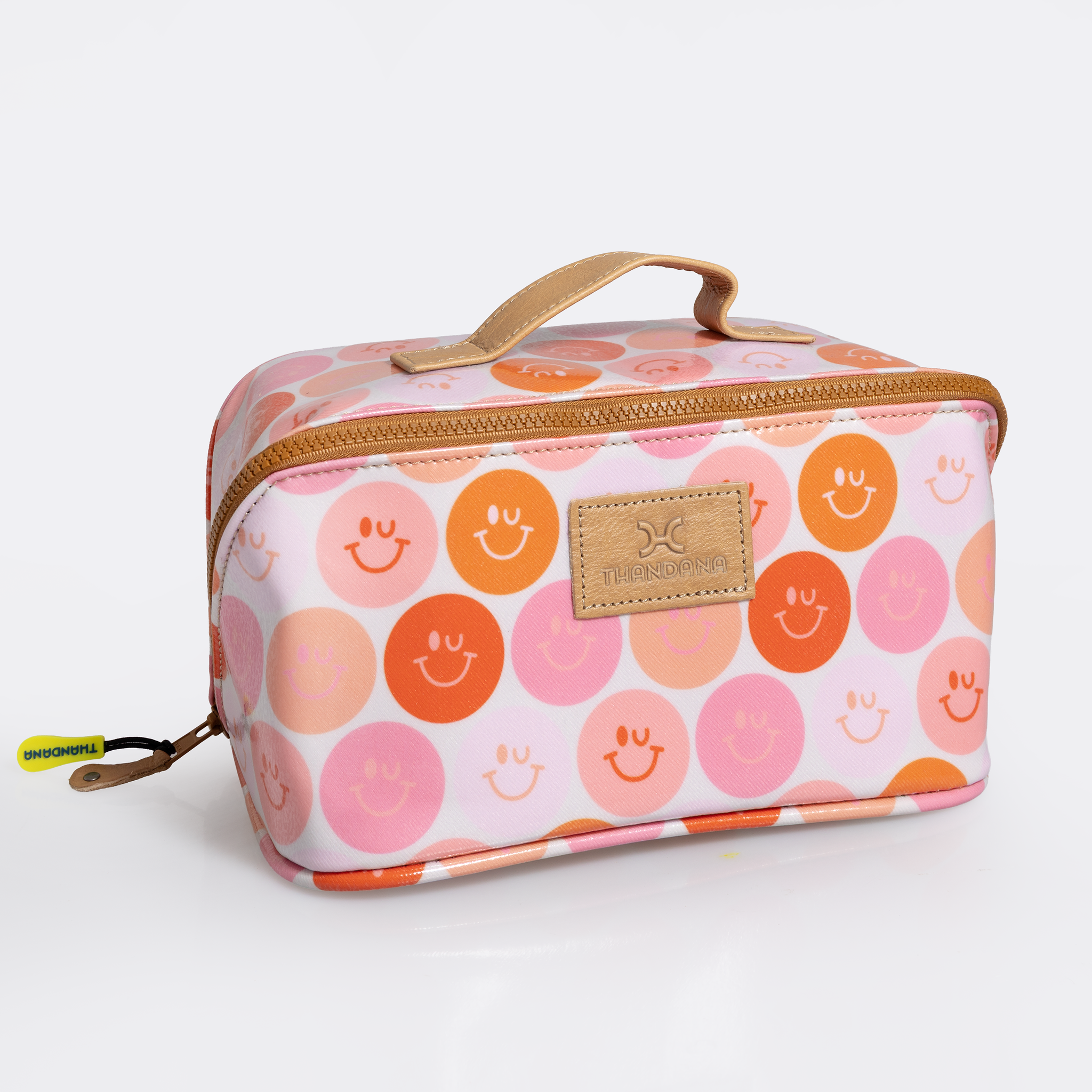 Side Mouth Maxi Vanity Bag | Laminated Fabric with Genuine Leather Smiley - Blush Side Mouth Vanity Fabric by Thandana