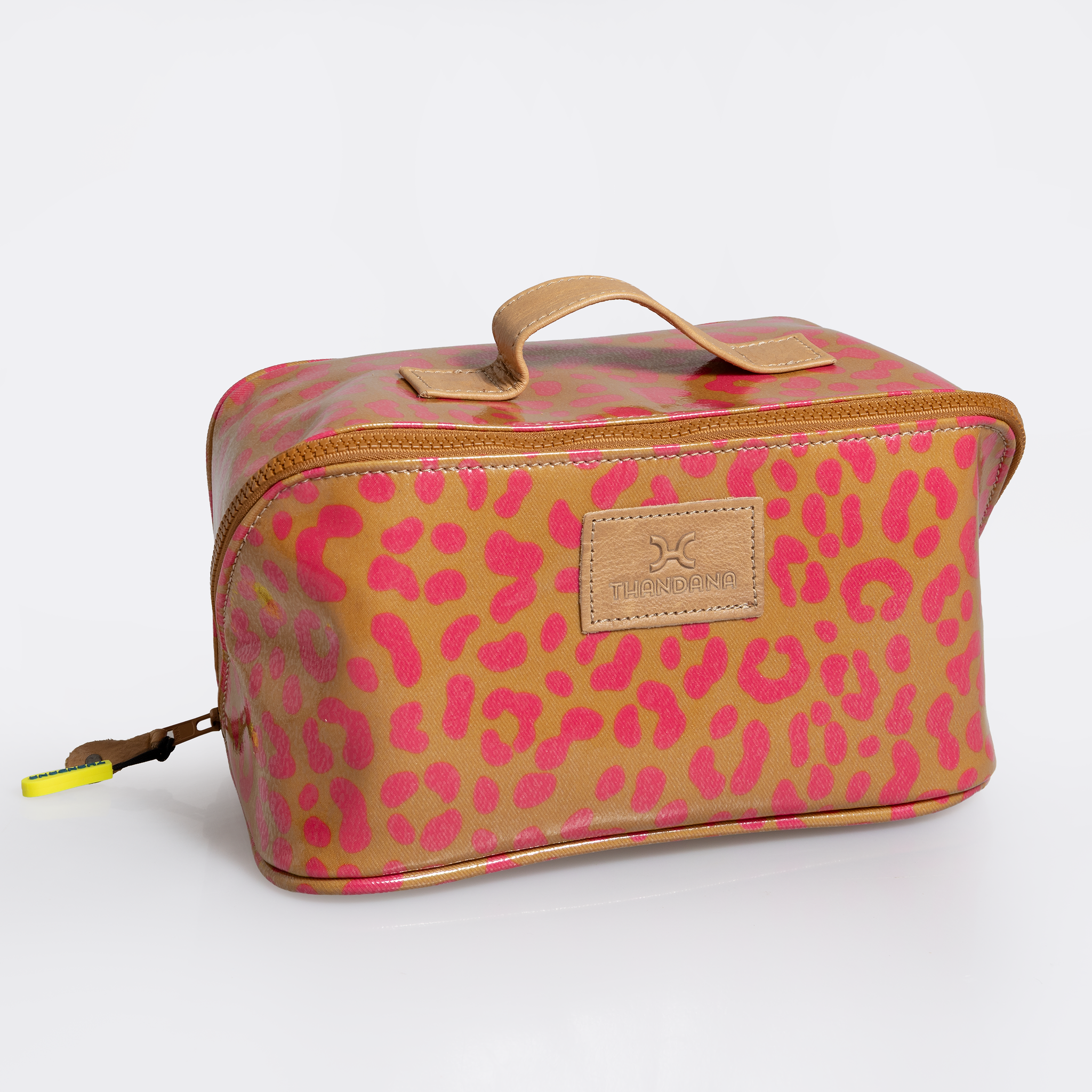Side Mouth Maxi Vanity Bag | Laminated Fabric with Genuine Leather Cheetah - Preppy Side Mouth Vanity Fabric by Thandana