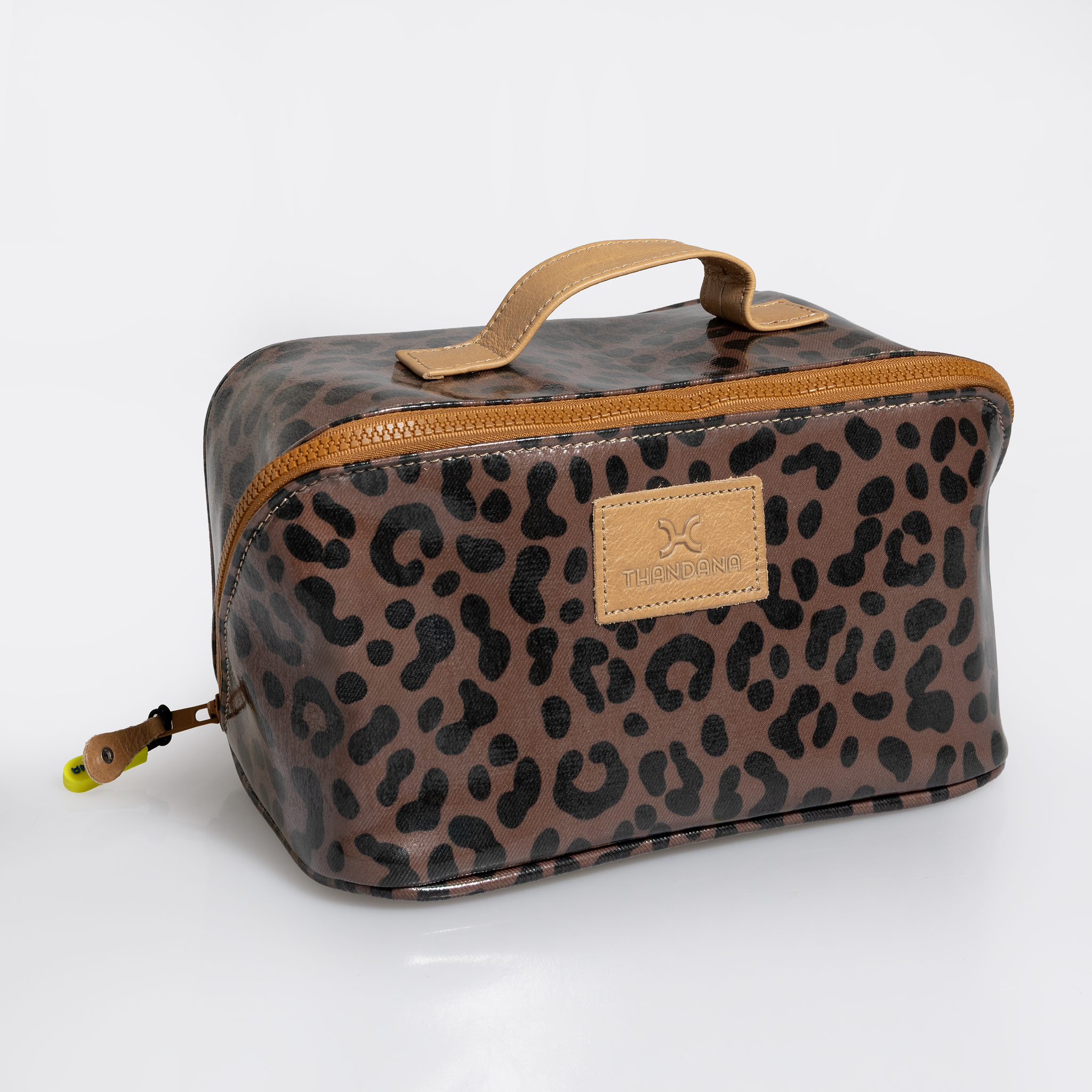 Side Mouth Maxi Vanity Bag | Laminated Fabric with Genuine Leather Cheetah - Coffee Side Mouth Vanity Fabric by Thandana